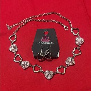 Paparazzi Cupid Silver Necklace with Pink Heart Accents and heart earring